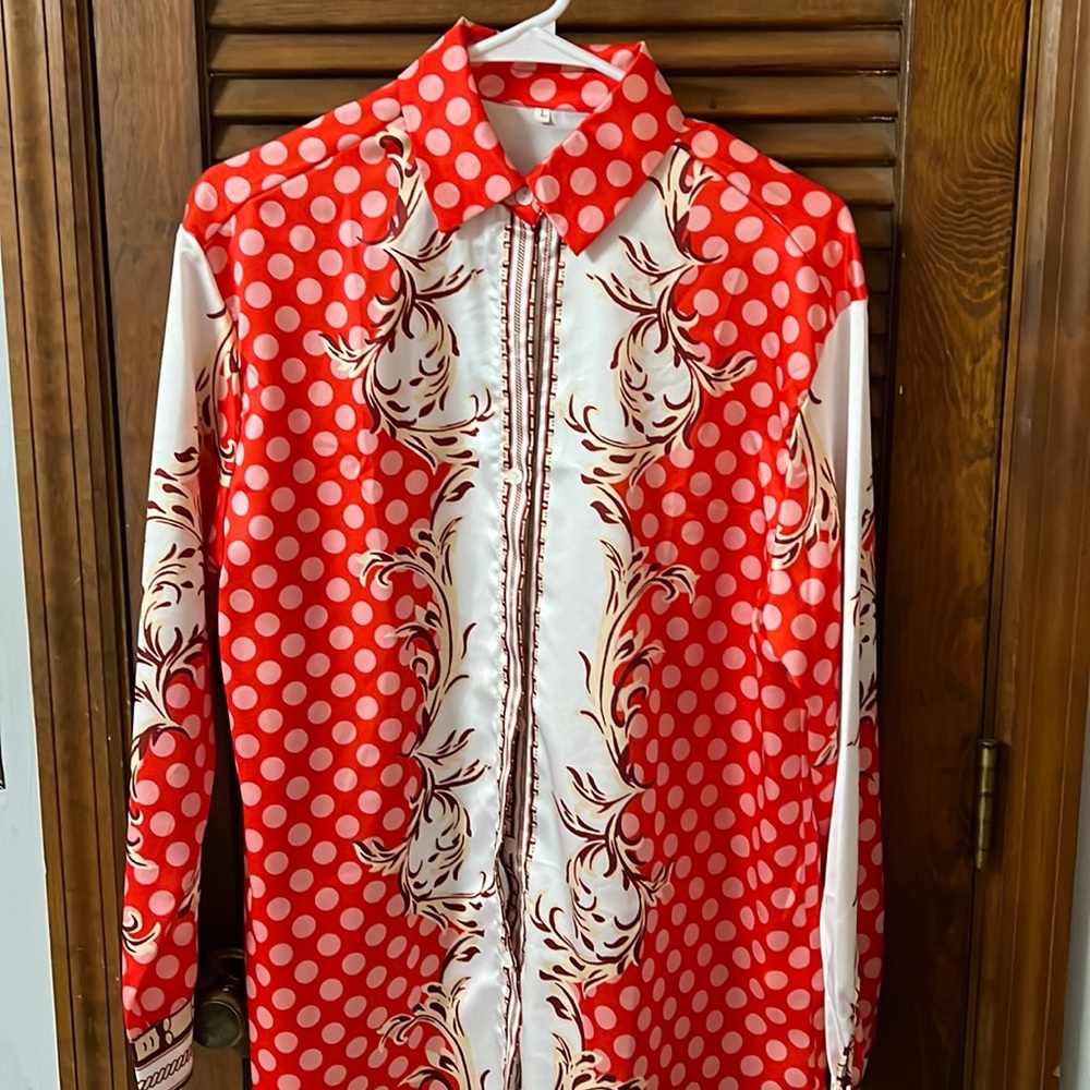 Women’s blouse Large red,pink and cream color polyester SHEIN gently worn